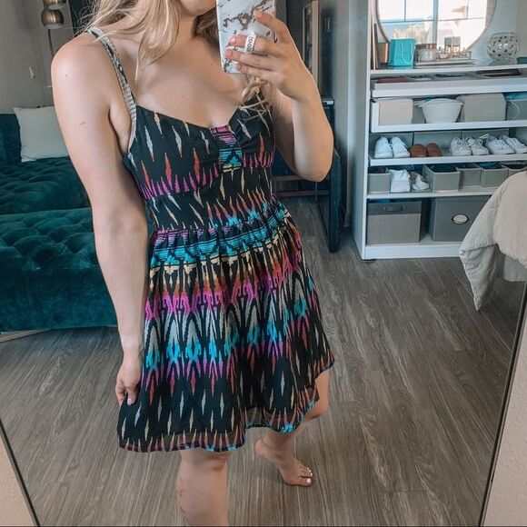 Forever 21 Smocked Back Rainbow Tribal Pattern Drop Waist Sundress Size M - Picture 3 of 8